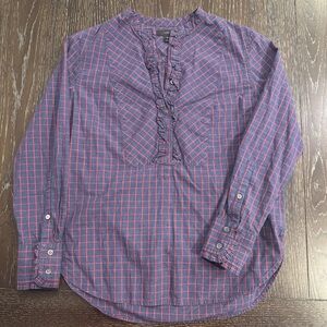 J. Crew Plaid Ruffle 1/2‎ Button Blouse Navy & Red